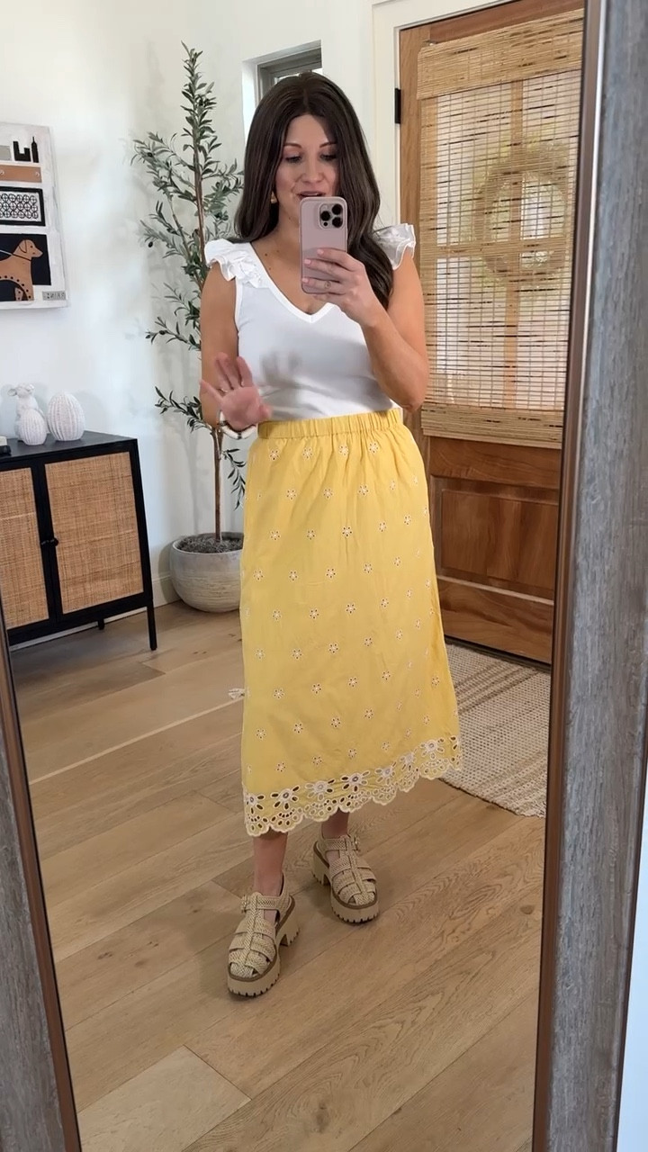 Loving this yellow eyelet skirt and basic tank! They are both 50% off right now!

#LTKSaleAlert #LTKFindsUnder50 #LTKStyleTip