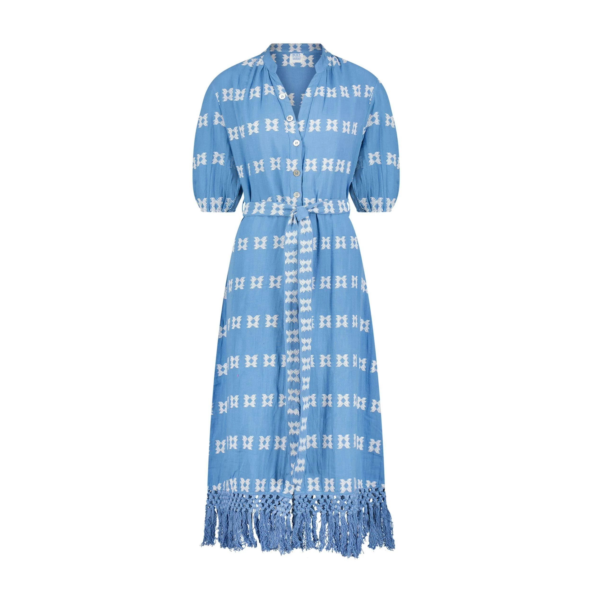 Estelle Womens Fringed Shirtdress Sky White Embroidery, Sky Blue Sky Blue / S | Maisonette