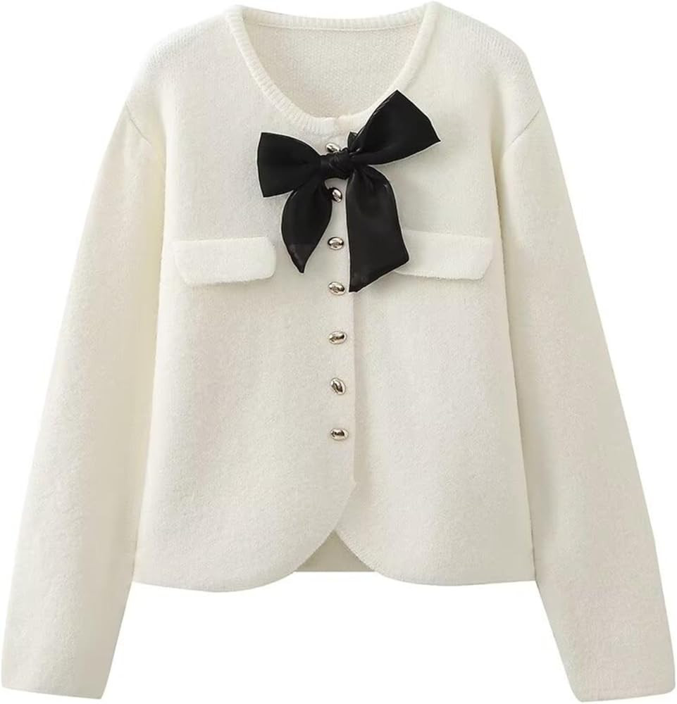 Xunger Women’s Bow Sweater Cardigan Button Down Cropped Jackets Long Sleeve Knit Sweater Coat w... | Amazon (US)