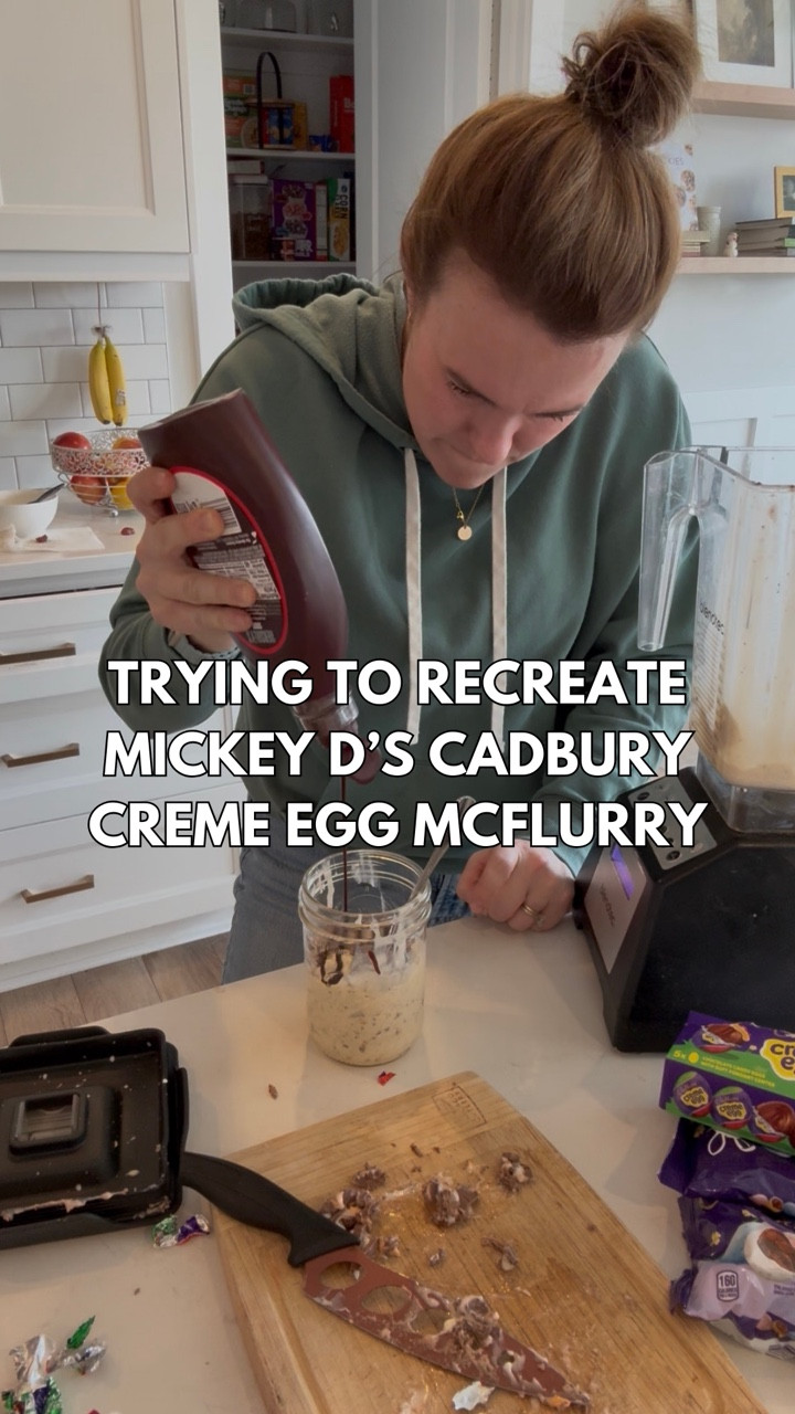 Enough with the Cadbury egg protein balls already, make yourself one of these instead 👊🏻 

But,  who has actually tried the real deal?! I need to know if it’s good, because I thought this was gooooood & I’m not even a big creme egg gal

⭐️ Recipe : (I halfed this in the video & it made enough for 1 maybe 2 people. Recipe below is NOT halfed ) 

•4 cups vanilla ice cream (I used homestyle vanilla) 
•4 Cadbury creme eggs chopped 
•2 TBS whipping cream 

Pulse in a blender 10ish times. You still want some bigger chunks! Top with some chopped creme eggs & chocolate syrup! 

You wanna gate keep this one from the rest of us Mickey D’s?! I got it figured out 🫡