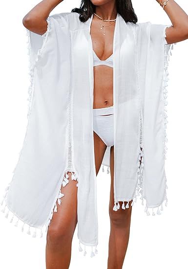 CUPSHE Women's White Kimono Cover Up Tassel Trim Half Sleeves | Amazon (US)