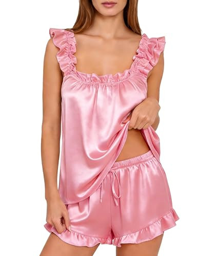 GraceSelect Pink Pajama Set Camisole Cute Ruffled Girly Pj Silk Tank Top and Shorts Honeymoon Comfy Sleeping Sets | Amazon (US)