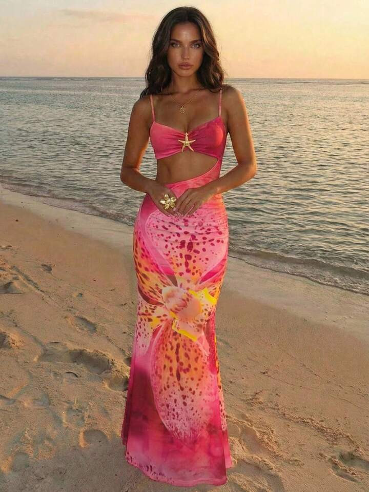 Aloruh Women's Holiday Pink Floral Summer Casual Beach Vacation Starfish Print Fishtail Hem Bodycon Dress,Boho Tropical Cutout Waist Holiday Outfits Clothe | SHEIN