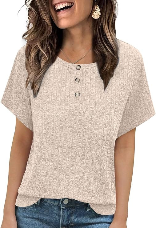 MixShe Womens Ribbed Knit Short Sleeve Tops Button Front Crew Neck Casual Lightweight Blouses | Amazon (US)