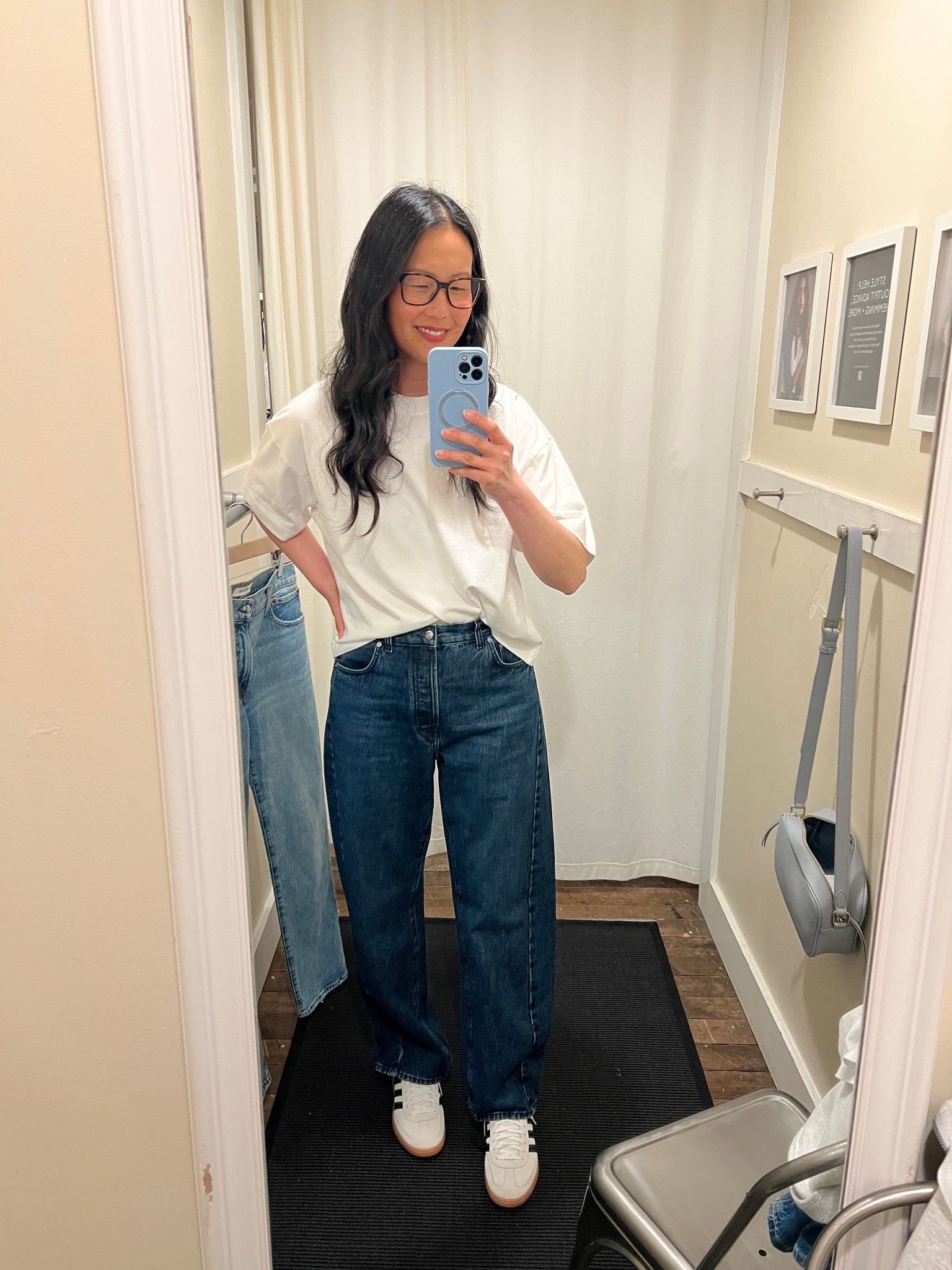 Madewell Pieced Barrel Leg jeans - tts, these are a 29 tall but I would order 28 or maybe even 27
Boxy tee - sized up to large