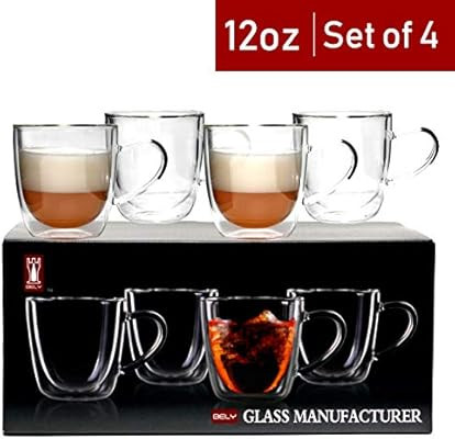 Bely Strong Double Wall Insulated Glass Coffee Mugs,Set of 4,12 oz,Clear Glass Coffee Tea Cups Wi... | Amazon (US)