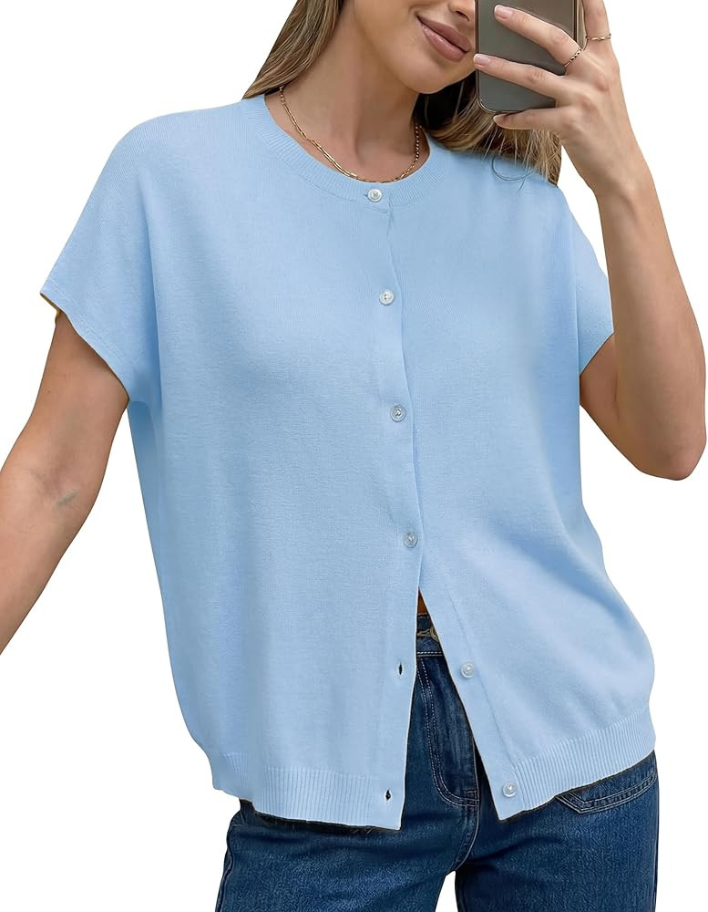 Arach&Cloz Women's Wool Blend Oversized Lightweight Cardigan Short Sleeve Summer Casual Sweaters ... | Amazon (US)