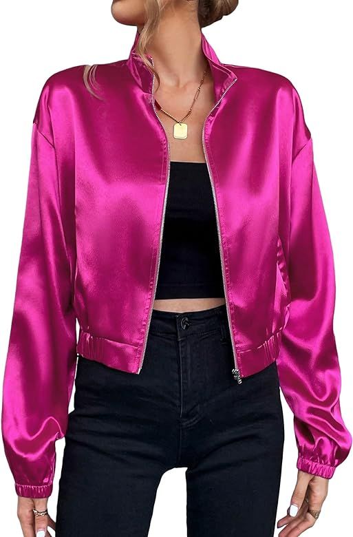 Verdusa Women's Mock Neck Long Sleeve Satin Jacket Zip Up Drop Shoulder Jacket Outerwear | Amazon (US)