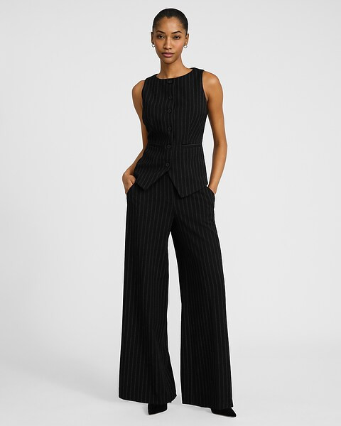 Striped Boat Neck Cutaway Blazer Vest + Editor Striped Mid Rise Wide Leg Pant | Express | Express