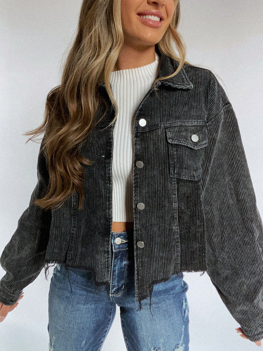 Vintage Latte Corduroy Cropped Jacket- Black | Willow Boutique