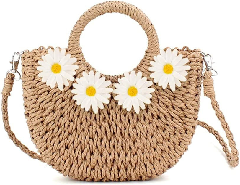 Beach Bag for Women, Mini Straw Bag Handmade Crossbody Bag, Daisy Embellished Handbag, Boho Retro... | Amazon (US)