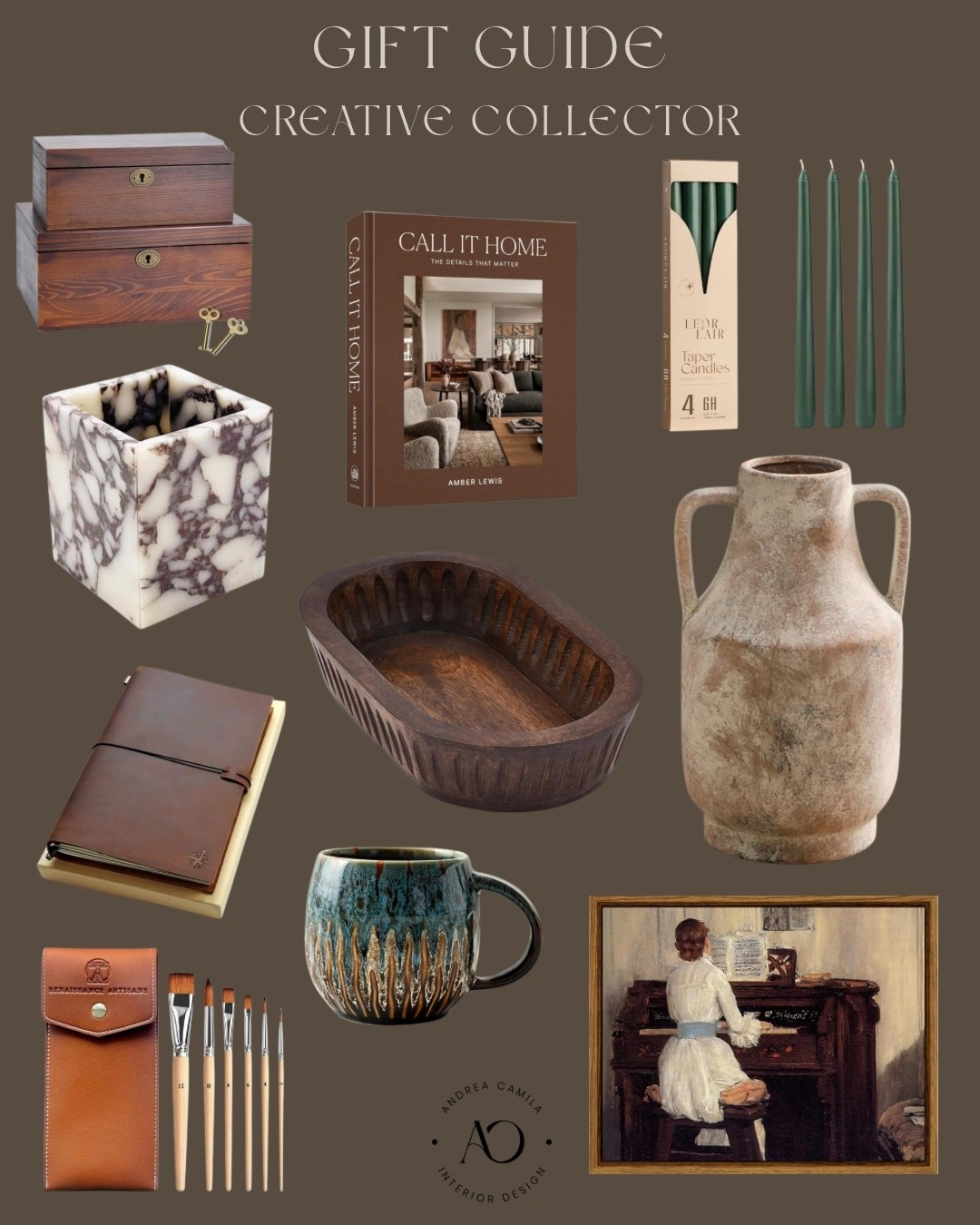 Vintage lover gift guide. Must have gift ideas for the creative person.  Artisan paintbrush set. Traveler leather note sketch book. Aesthetic home coffee table book. Designer book decor. Long wooden bowl for centerpiece. Marble pen holder. Stone desk organizer. Brush storage. Framed wall art vintage inspired. Ceramic vase large rustic neutral home decor. Taper candles set. Vintage wooden box with keg. Handcrafted ceramic mug large blue coffee cup  

#LTKCyberWeek #LTKGiftGuide #LTKHoliday