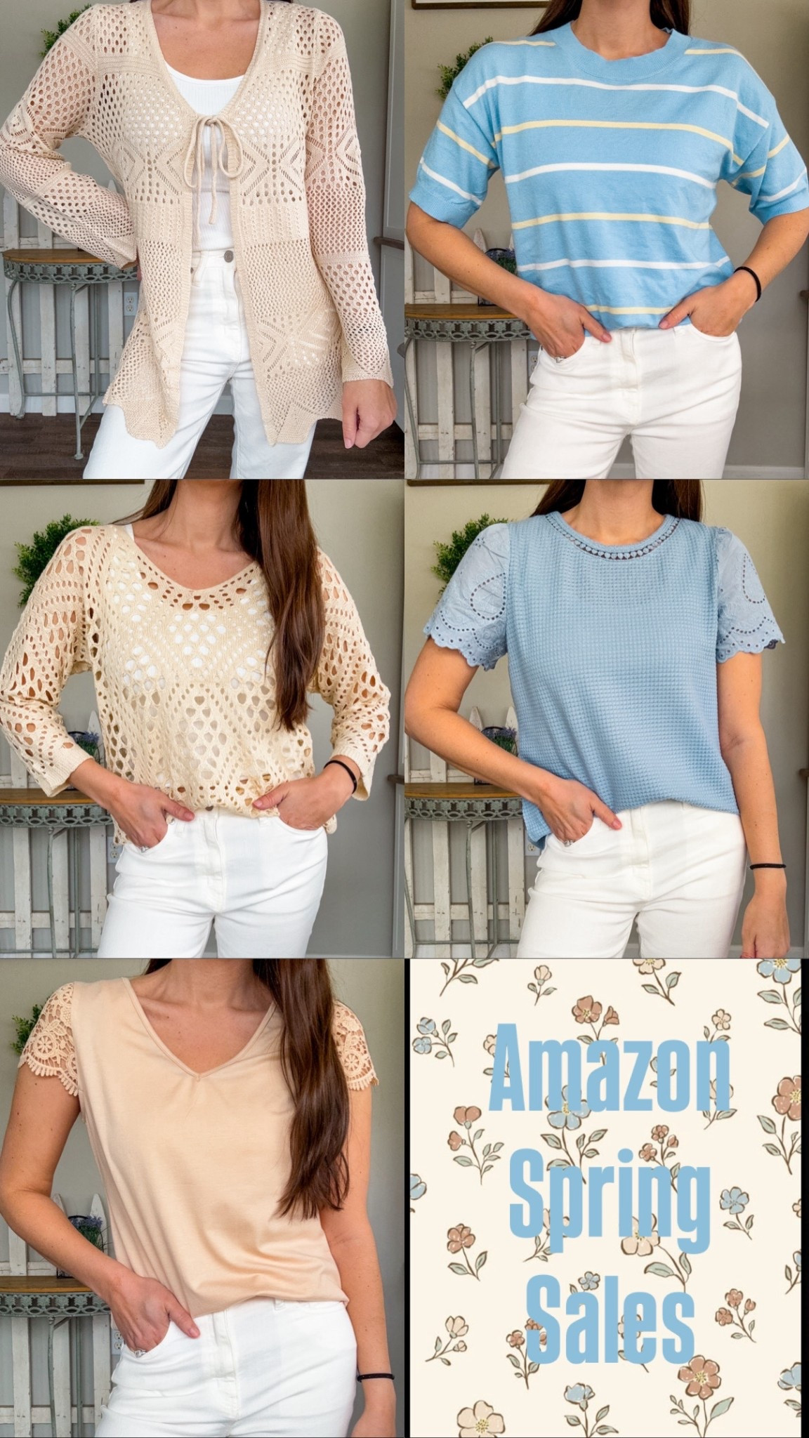 Amazon spring tops! On sale! Wearing small in all. 
Light blue embroidered top- 25% off 
Light blue striped tee- 20% off 
Beige top- 35% off 
Beige see through top-39% off 
Cardigan 20% off 

#LTKootd #LTKSaleAlert #LTKgrwm