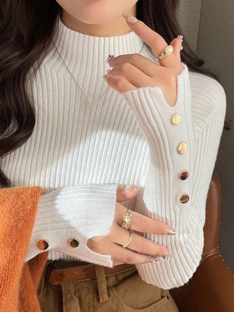 -39%Women's Khaki Turtleneck Sweater, Knitted Pullover Top With Metal Button Decoration, Warm Layering Sweater For Commuting & Daily Wear, Autumn/Winter | SHEIN