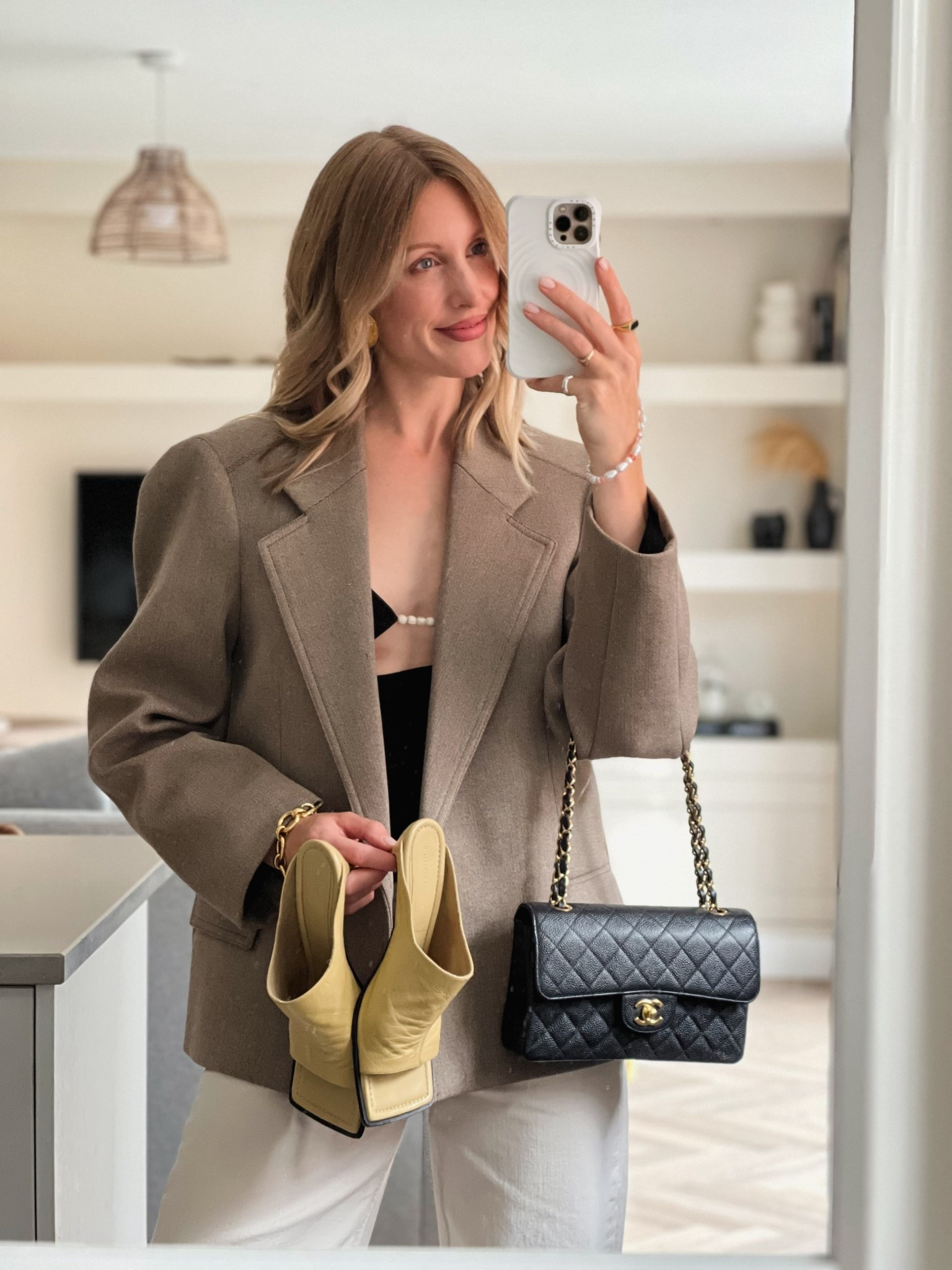 Date night outfit - drinks outfit - COS exaggerated shoulder blazer - brown blazer - oversize blazer - summer sandals - Chanel bag - white jeans uk - ecru jeans - evening outfit 

#LTKsummer #LTKuk #LTKeurope