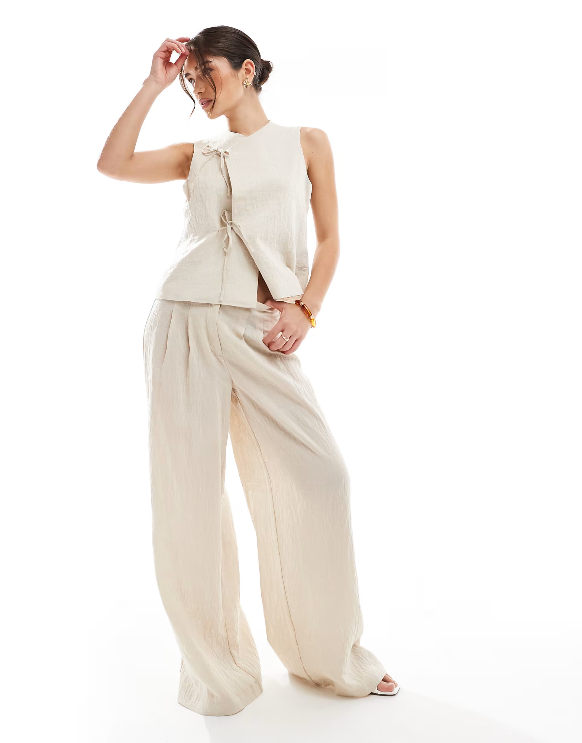 Vero Moda pleat front wide leg trouser co-ord in cream | ASOS (Global)