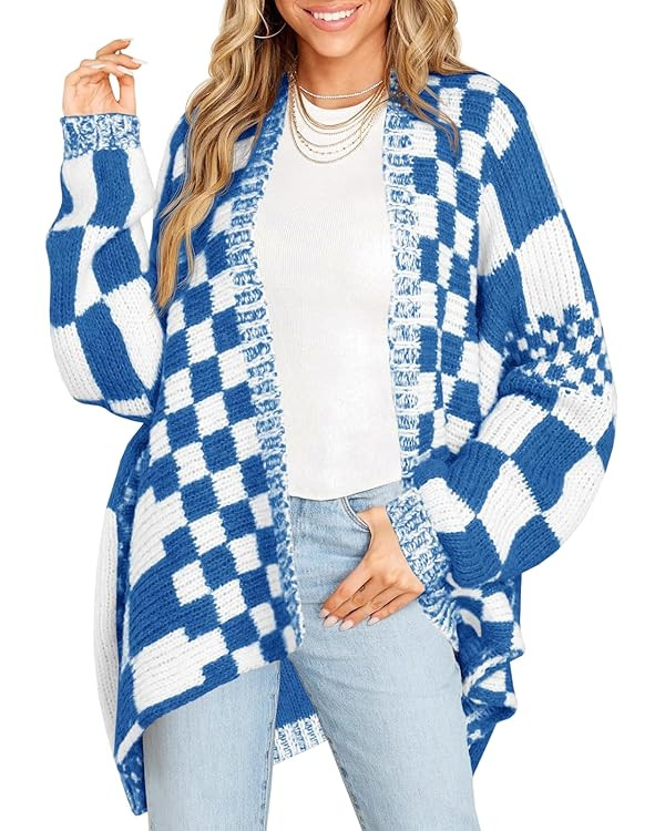 Saodimallsu Womens Checkered Sweater Color Block Plaid Cardigans Oversized Long Sleeve Knit Open ... | Amazon (US)