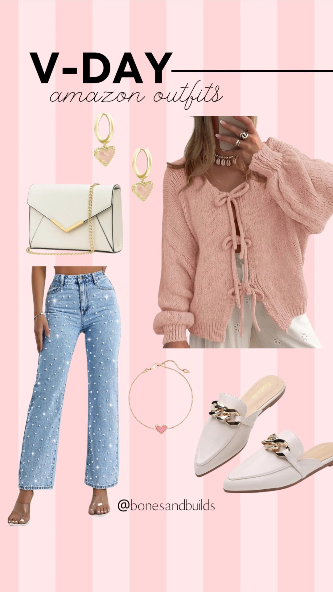 Amazon inspired Valentines outfit! Pink front tie top, Kendra Scott heart necklace, pearl denim pants, white purse 

#LTKBeauty #LTKStyleTip #LTKSeasonal