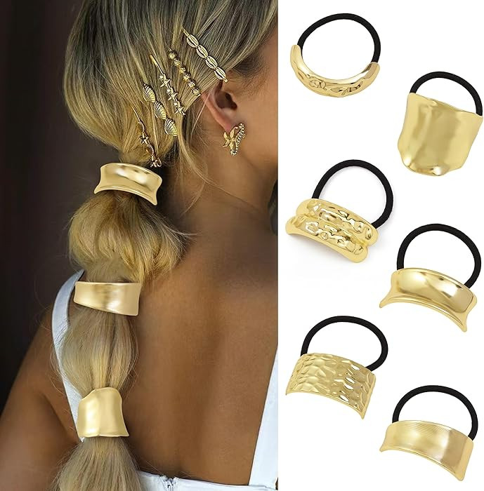 Gold Metal Hair Ties for Women - Cuffs, Accessories, Elastic Bands for Thick and Thin Hair Ponyta... | Amazon (US)