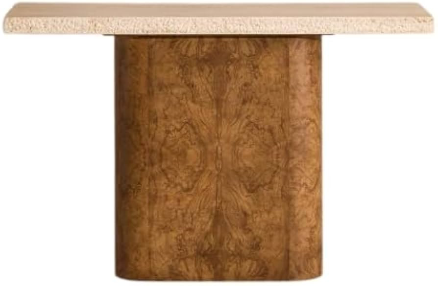 Travertine Top Console Table, Burl Wood Look Pedestal Entryway Table, Wabi Sabi Sofa Table for Ha... | Amazon (US)