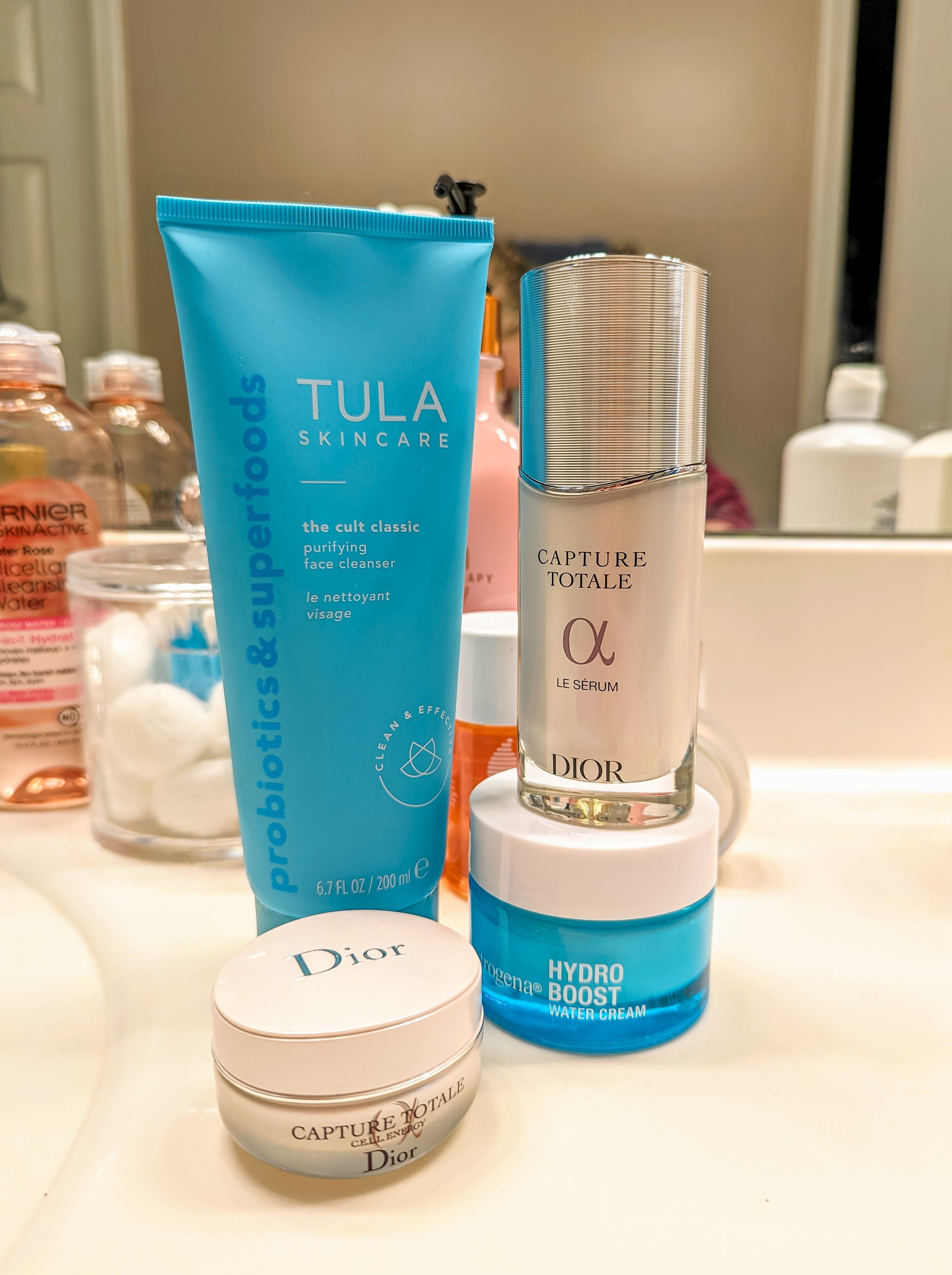 Daily skincare routine products. Tula Cult Classic purifying cleanser, Dior Capture Totale Serum and eye cream, Neutrogena hydroboost water cream.

#LTKfindsunder50 #LTKbeauty #LTKfamily