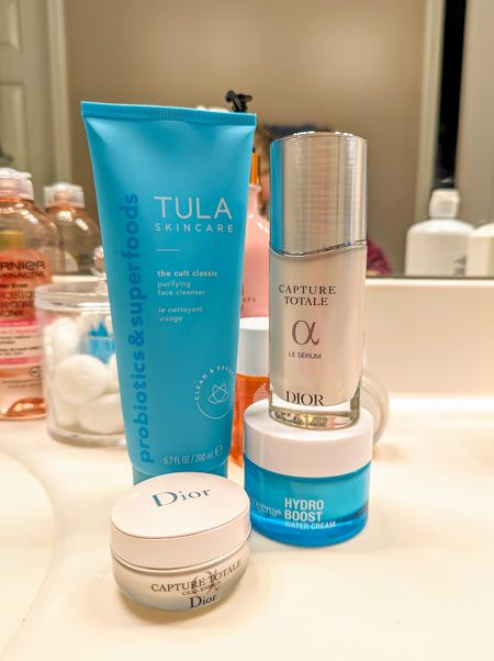 Daily skincare routine products. Tula Cult Classic purifying cleanser, Dior Capture Totale Serum and eye cream, Neutrogena hydroboost water cream.

#LTKfindsunder50 #LTKbeauty #LTKfamily