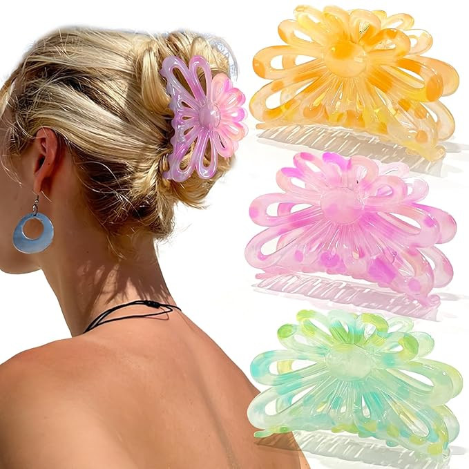 Flower Hair Claw Clips for Women/Girls, 3PCS 3.1" Big Cute Clips for Thick/Thin Fine Hair, Nonsli... | Amazon (US)