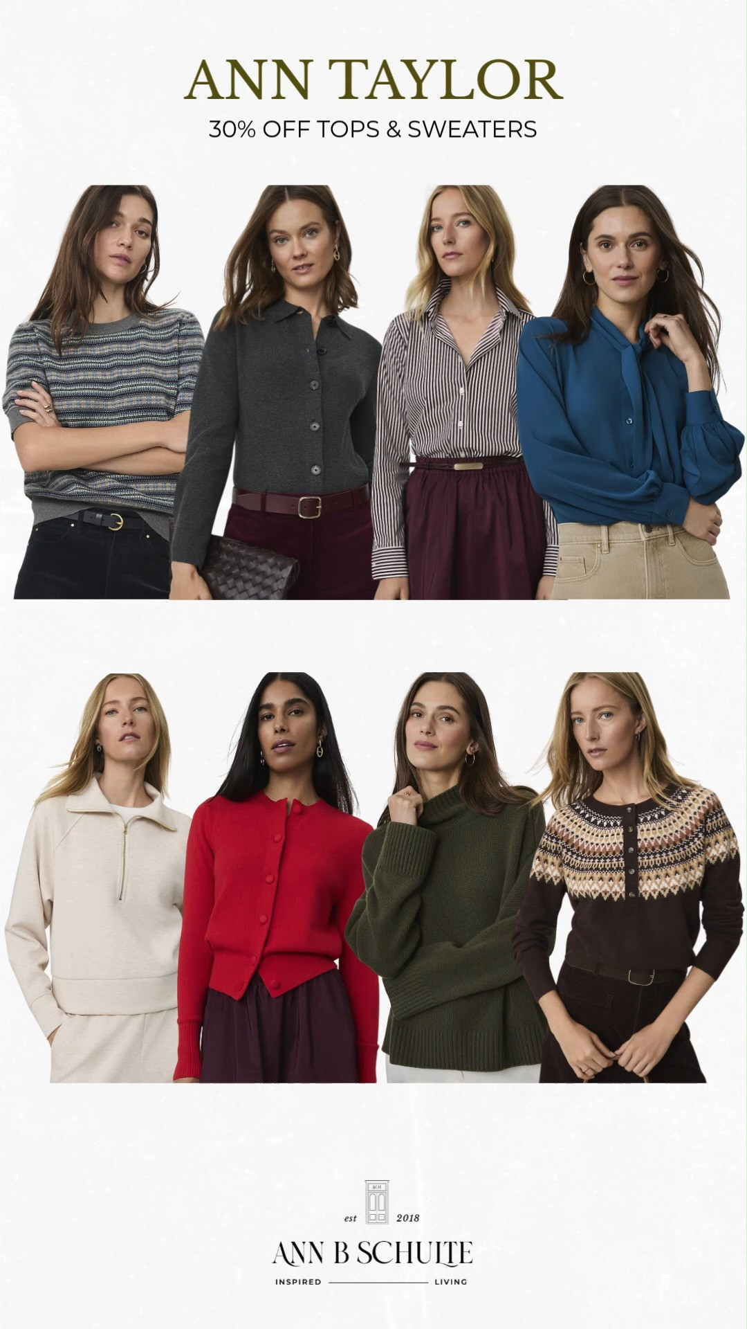 Ann Taylor has 30% off tops & sweaters, and this edit is full of polished pieces that make fall dressing feel effortless. From classic button-downs and cozy cardigans to statement knits, textured sweaters, and elevated blouses, there’s something for every kind of autumn outfit. 🍂 The rich burgundy, olive, cream, navy, and chocolate tones make these styles especially easy to mix into your existing wardrobe. Perfect for adding a few versatile layers that can take you from everyday plans to polished occasions. 🤎🛍️

#AnnTaylor #AnnTaylorSale #FallFashion #FallStyle #SweaterWeather #FallSweaters #FallTops #FallWardrobe #AutumnFashion #FallOutfits 

 #LTKootd #LTKSaleAlert
