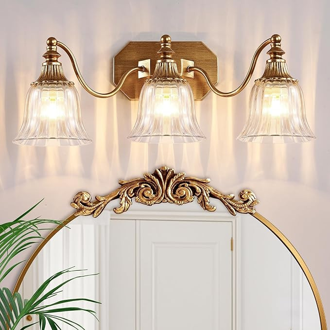 Gold Vintage Bathroom Light Fixtures, 3-Lights Bathroom Vanity Light, Antique Brushed Gold Lighti... | Amazon (US)
