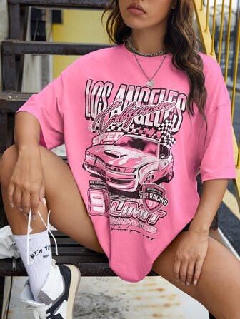 SHEIN Coolane Letter & Car Print Drop Shoulder Tee | SHEIN