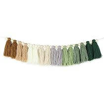 Neolifism Boho Green Tassel Garland Decor Neutral Sage Green Brown Muted Cotton Wood Bead Jungle Pom | Amazon (US)