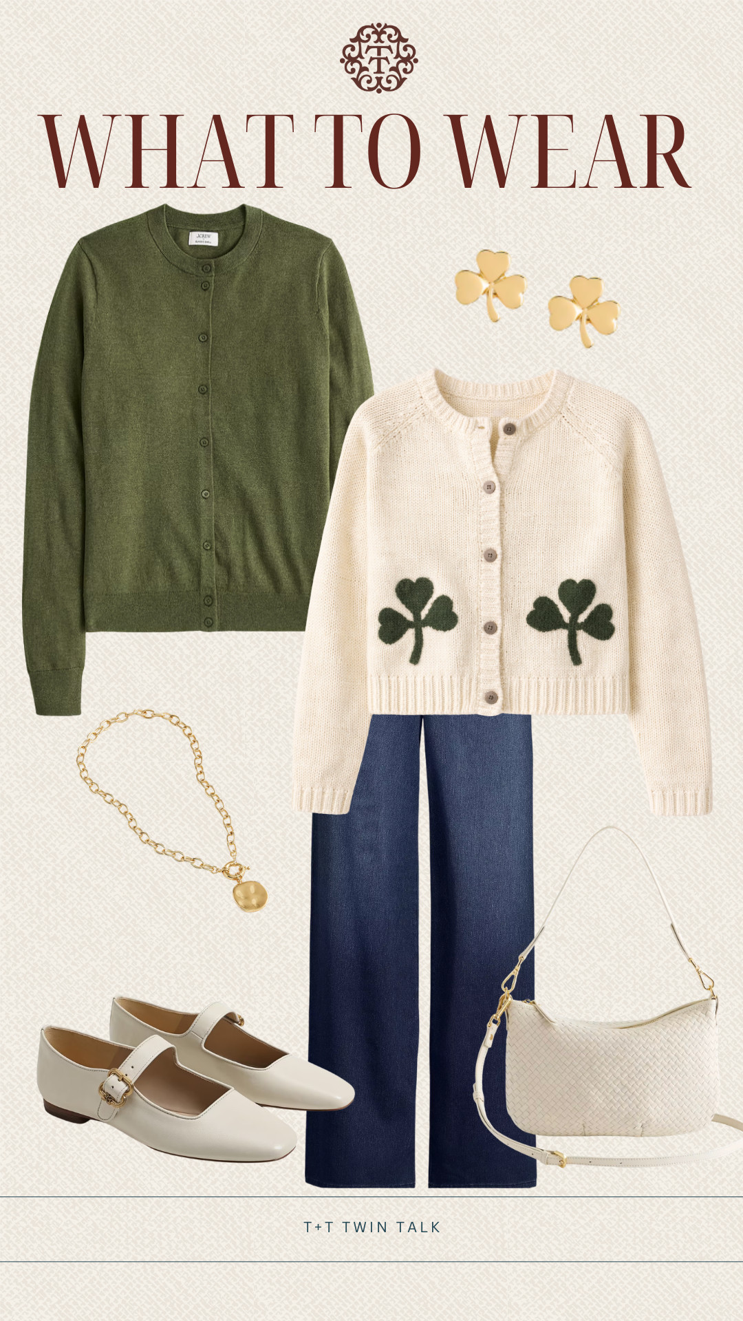 T+T, what to wear! This green J. Crew sweater and cream Social Threads cardigan are the perfect look for St. Patricks day! Paired with some classic clover earrings to elevate the look! Tying it all together with a simple white shoe and bag! 

 #LTKootd #LTKSeasonal #LTKMidsize