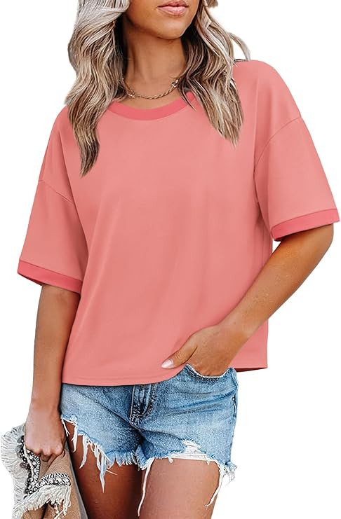 WIHOLL Womens T Shirts Loose Fit Short Half Sleeve Crew Neck Oversized Tshirts Color Block Summer... | Amazon (US)