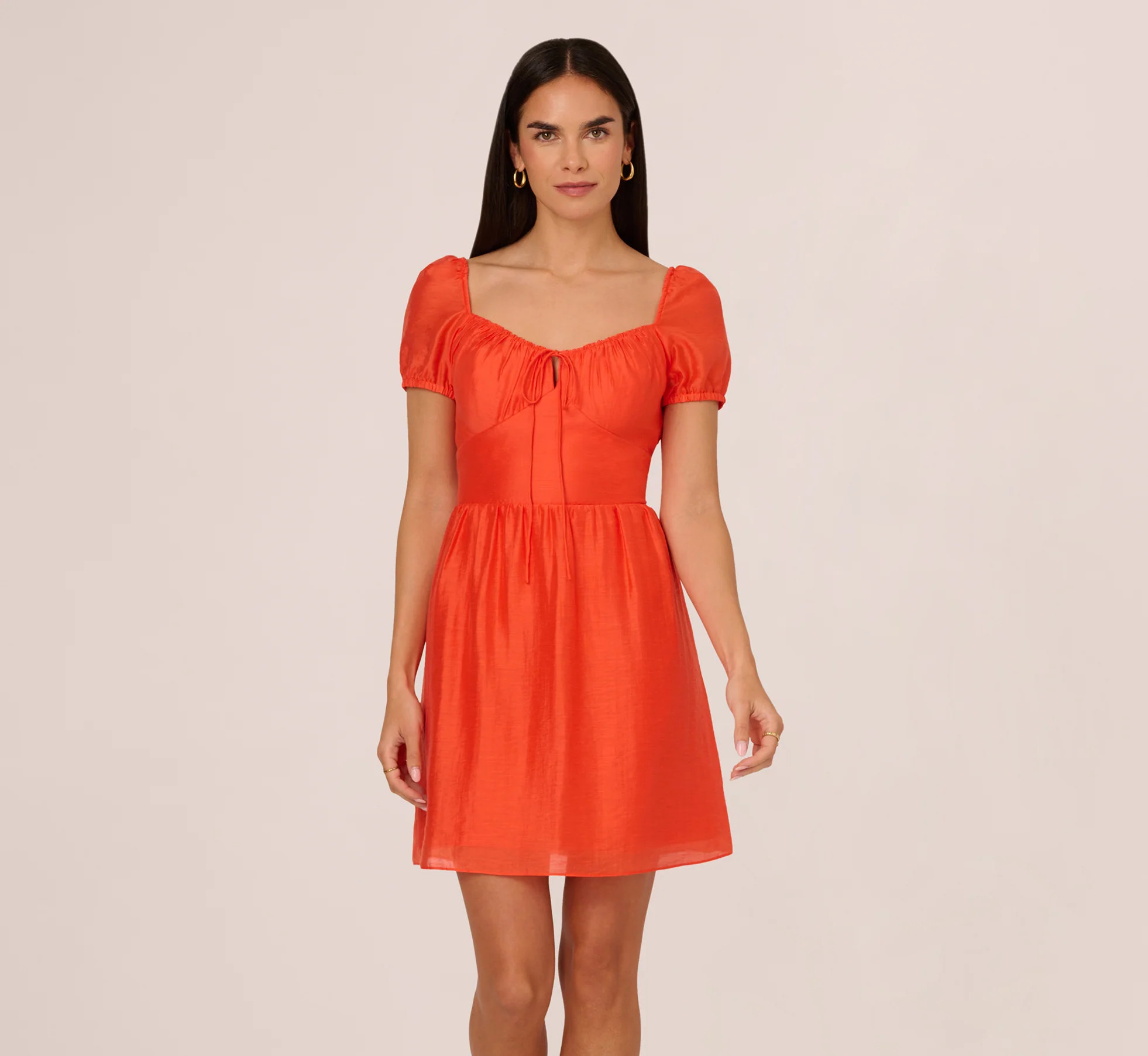 Shirred Fit And Flare Dress With Puff Short Sleeves In Orange Spice | Adrianna Papell