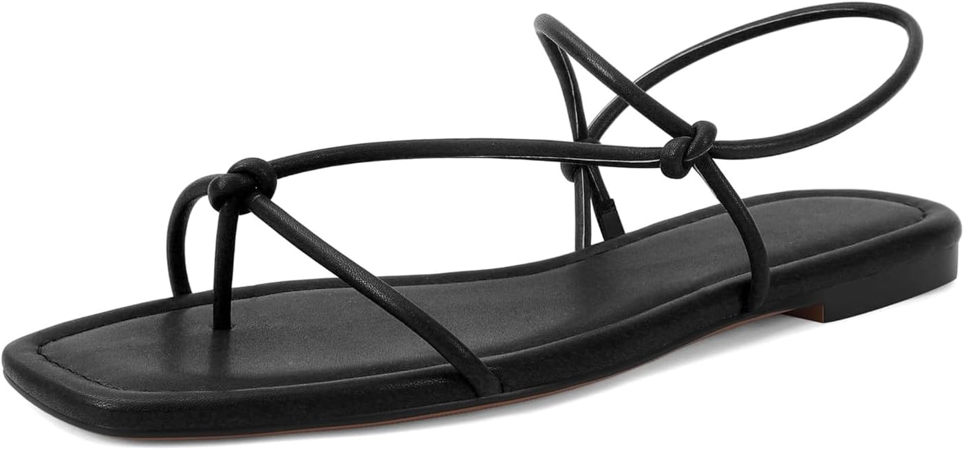 Amazon.com | XBKXMK Black Strappy Flat Sandals for Women Comfortable Square Toe Suede Slingback S... | Amazon (US)