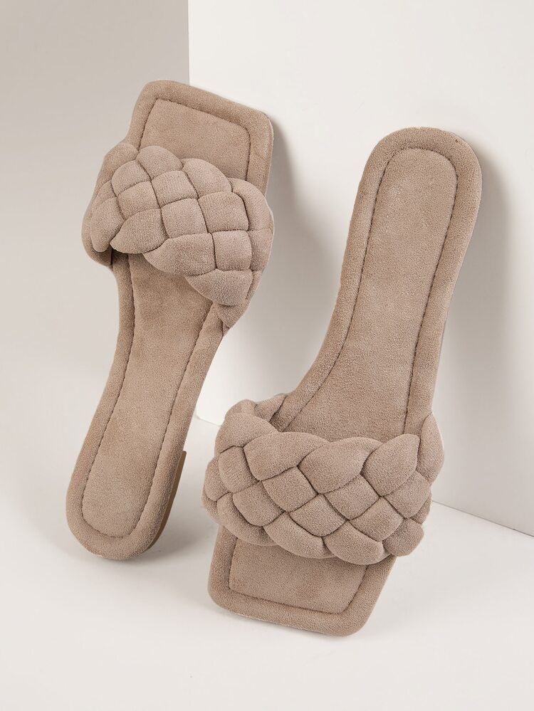 Square Open Toe Woven Slip On Flat Sandal Shoes | SHEIN