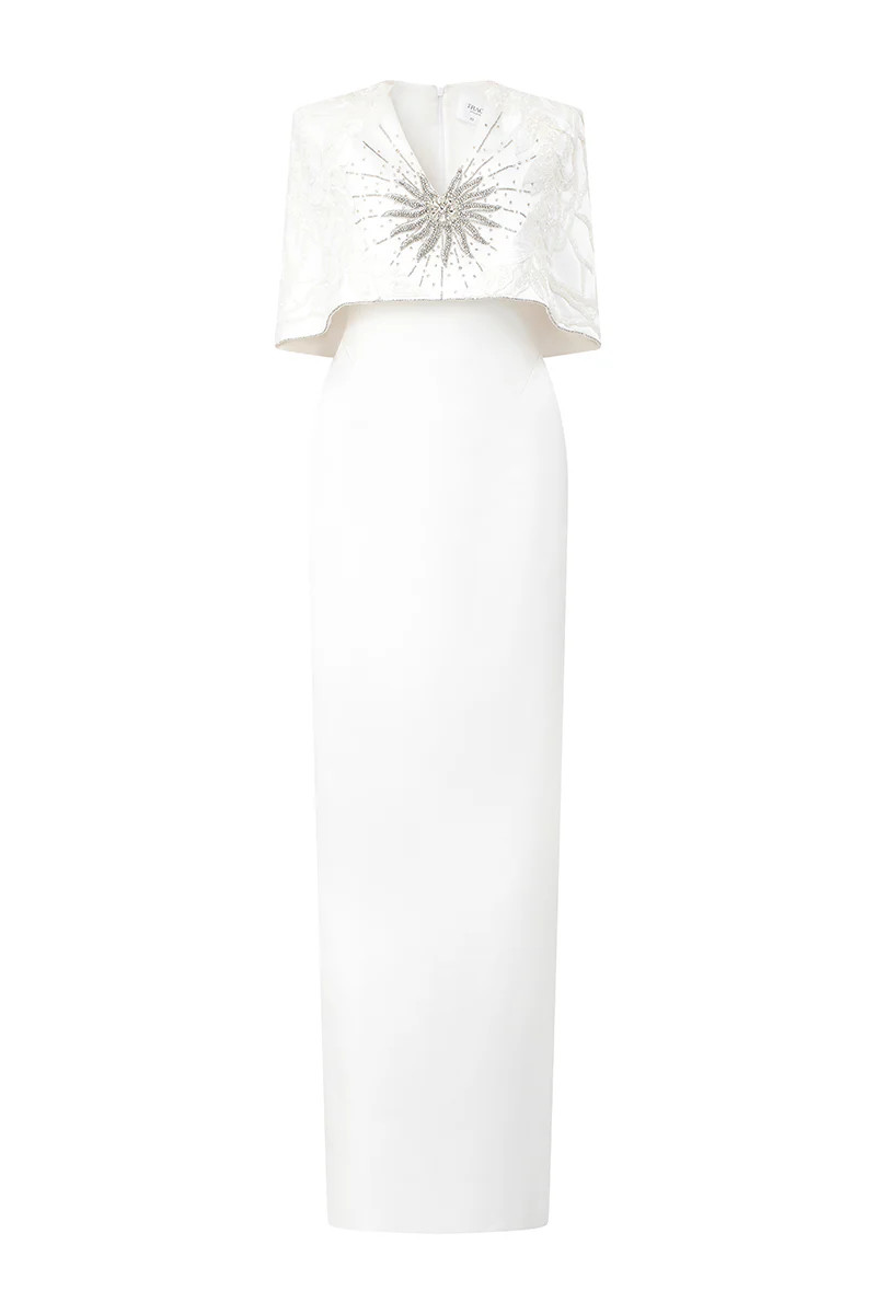 WHITE V-NECK CAPE SLEEVES STRAIGHT GOWN | Tracy Studio | CULT MIA | CULT MIA UK LTD