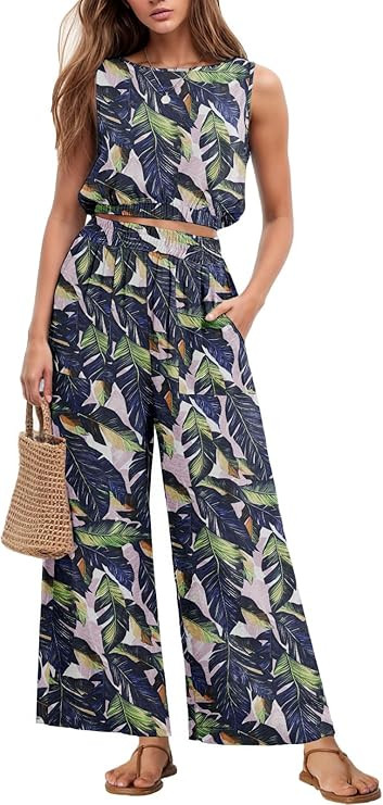 GRECERELLE Two Piece Sets for Women Sleeveless Crop Top Wide Leg Pants Sweat Set for Women Tracks... | Amazon (US)