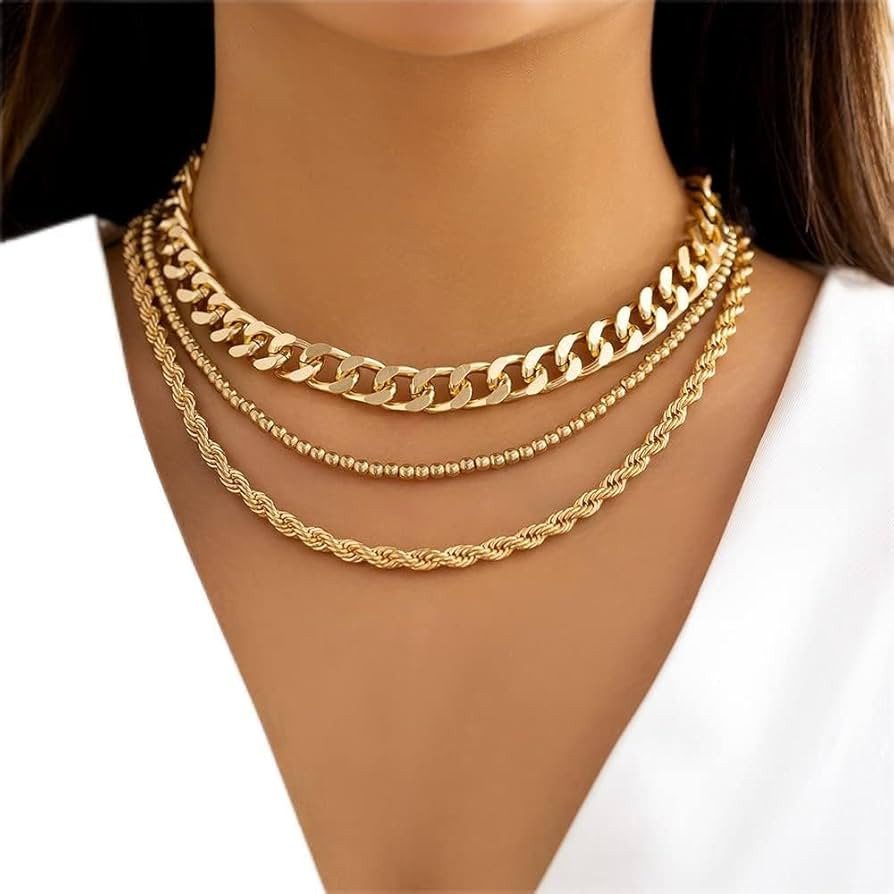 Boho Gold Twist Rope Chain Bead Choker Necklace Cuban Link Layered Chunky Necklaces Set Shiny Bar... | Amazon (US)