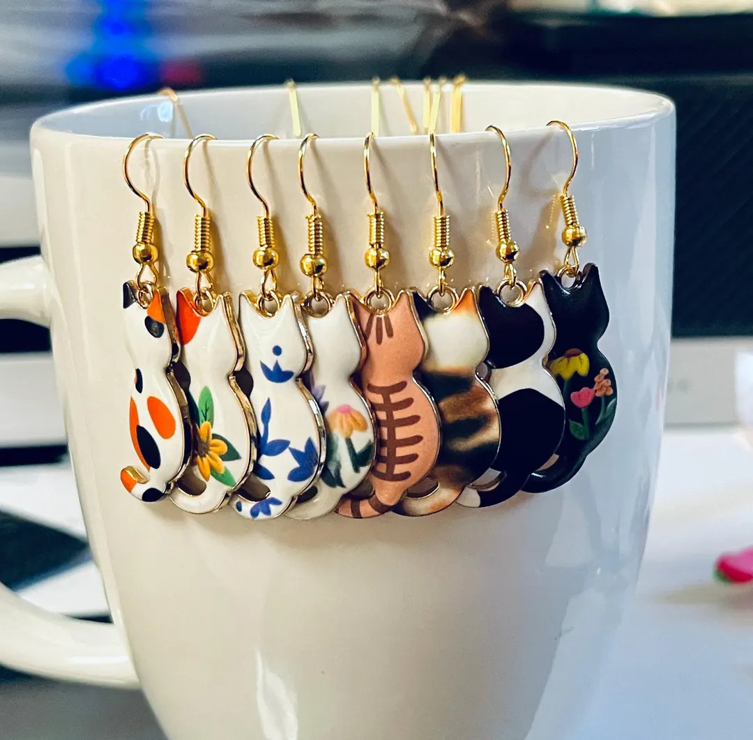 Charming Cat Earrings, Cat Dangle Earrings, Gold Drop Hanging Earrings, Cat Jewelry for Gift Idea... | Etsy (US)