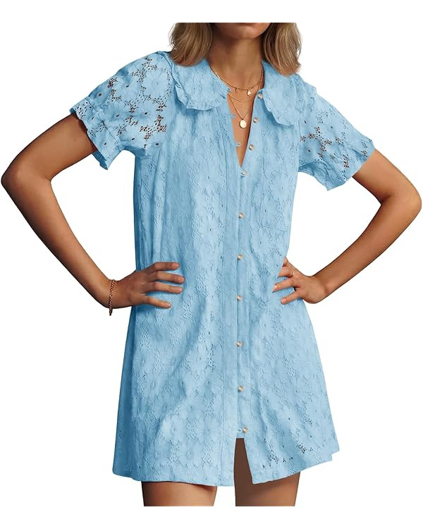 Wenrine Womens Summer Lace Mini Dress Casual Short Sleeve Peter Pan Collar Button Down Beach Vaca... | Amazon (US)