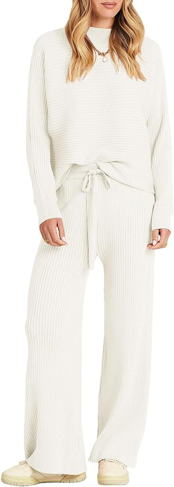 ANRABESS Women's Two Piece Outfits Crop Top Wide Leg Pants Cozy Knit Sweater Lounge Sets 2024 Fal... | Amazon (US)