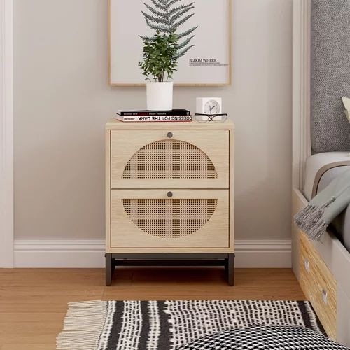 HOTU Nightstand with 2 Drawer, Bedside Table for Bedroom, Side End Table Wood Finish & Rattan Bar... | Walmart (US)