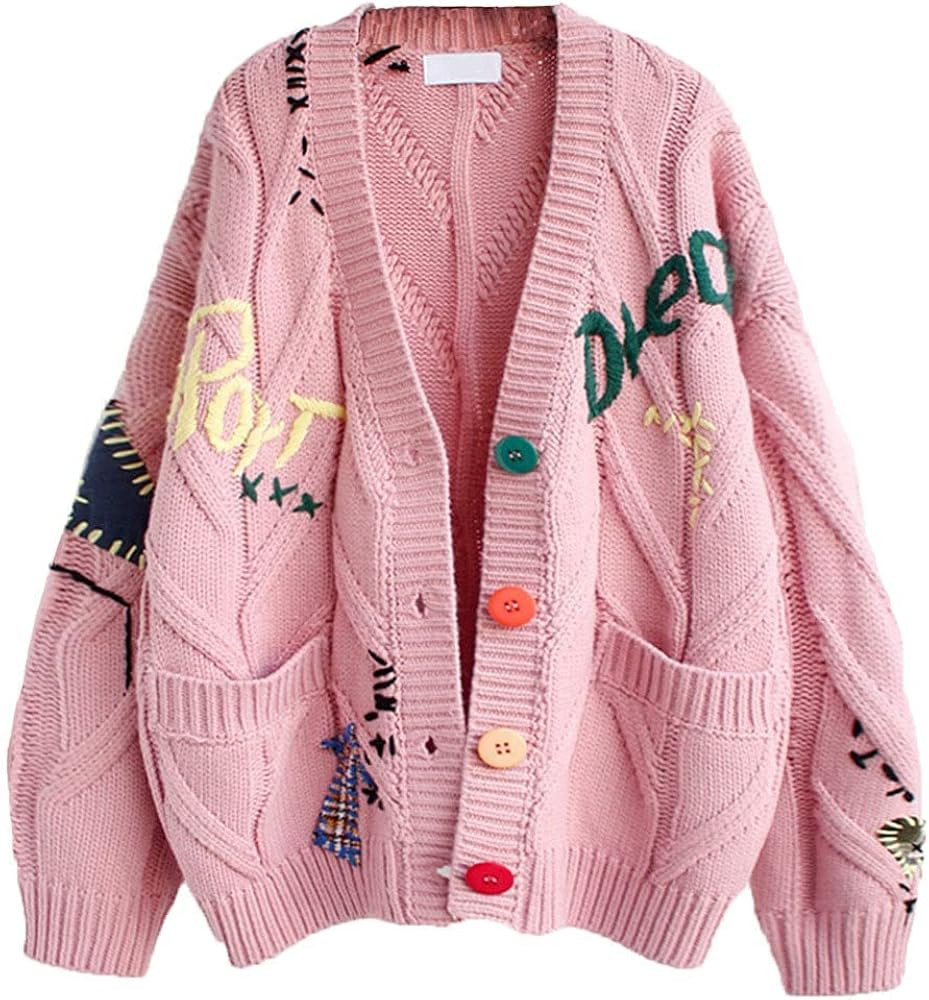chouyatou Women's Cable Knit Embroidery Patchwork Cardigan V Neck Long Sleeve Open Front Button D... | Amazon (US)