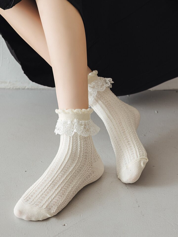 1 Pair Ladies Cute Fashionable Cosplay Mesh Lace Over-The-Knee Socks For All Seasons - Beige | SHEIN