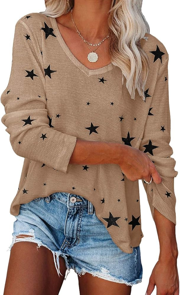 SENSERISE Womens V Neck Long Sleeve Waffle Knit Shirt Oversized Star Pullover Sweater | Amazon (US)
