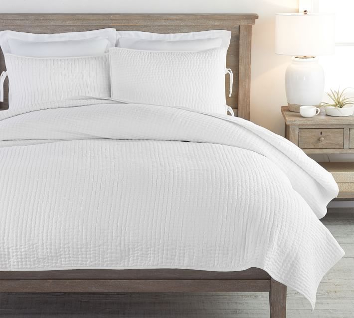White Pick-Stitch Handcrafted Cotton/Linen Quilt, Twin | Pottery Barn (US)
