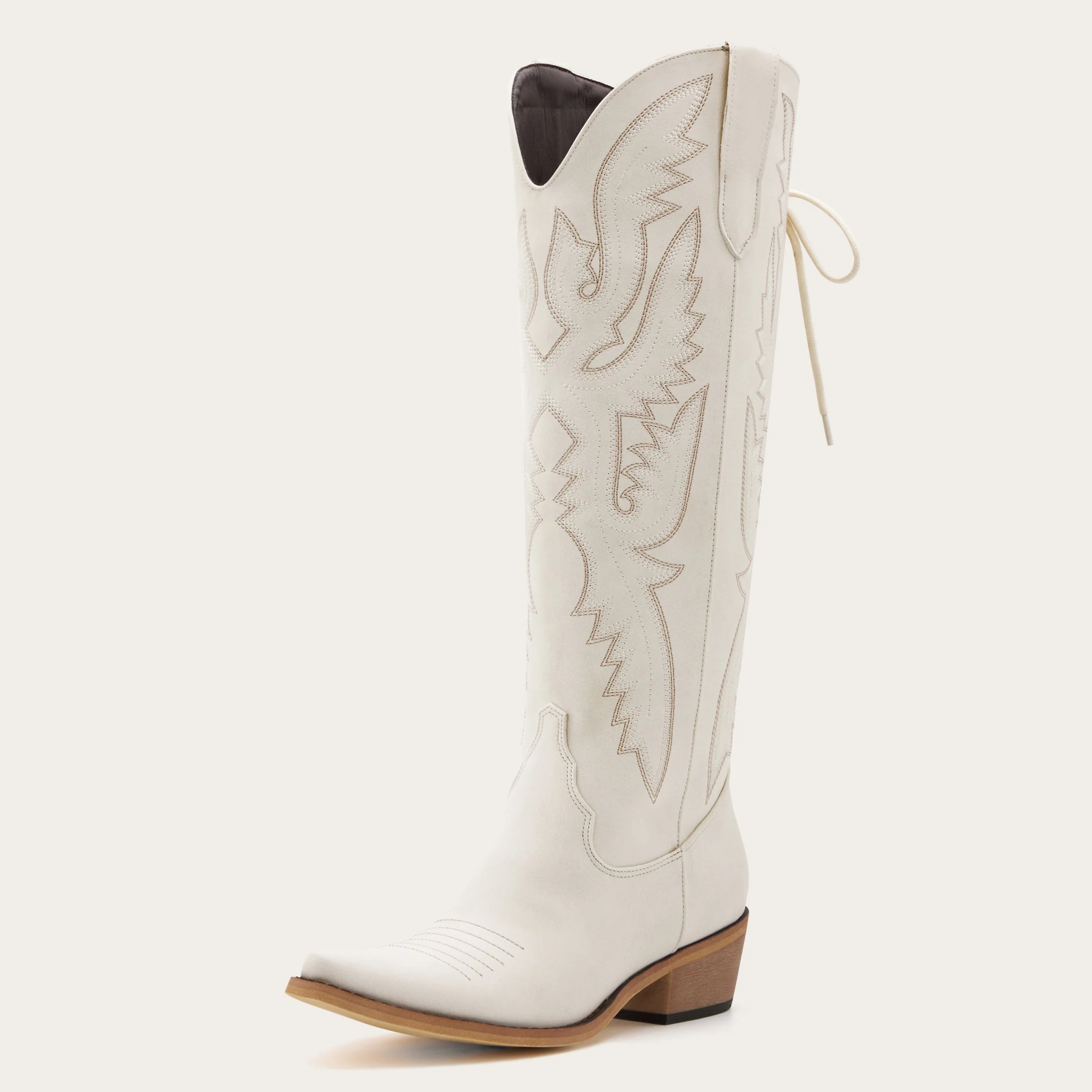 REDTOP White Tall Cowgirl Boots with Bold Embroidery and Lace-Up Back - The Withersteen | REDTOP