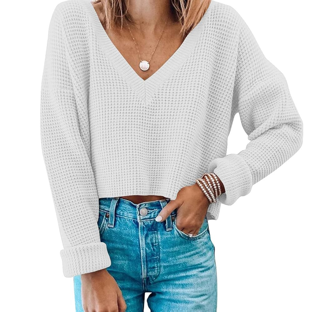 Jumppmile Womens V Neck Waffle Knit Cropped Top Long Sleeve Pullover Crop Sweater | Amazon (US)