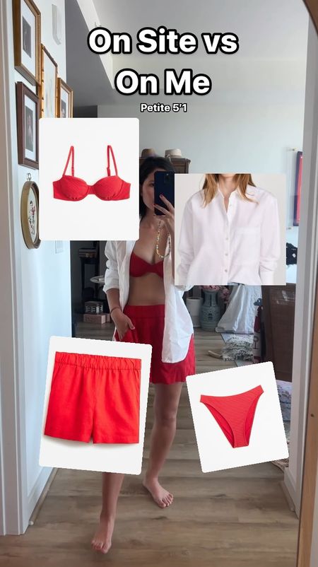 Bikini top xs
Bikini bottoms xs
White button up xs
Shorts XXS

Red bikini, red swimsuit, white button up, cover up, red linen shorts, Abercrombie swim, ayr, j crew  

#LTKActive #LTKFindsUnder100 #LTKVideo